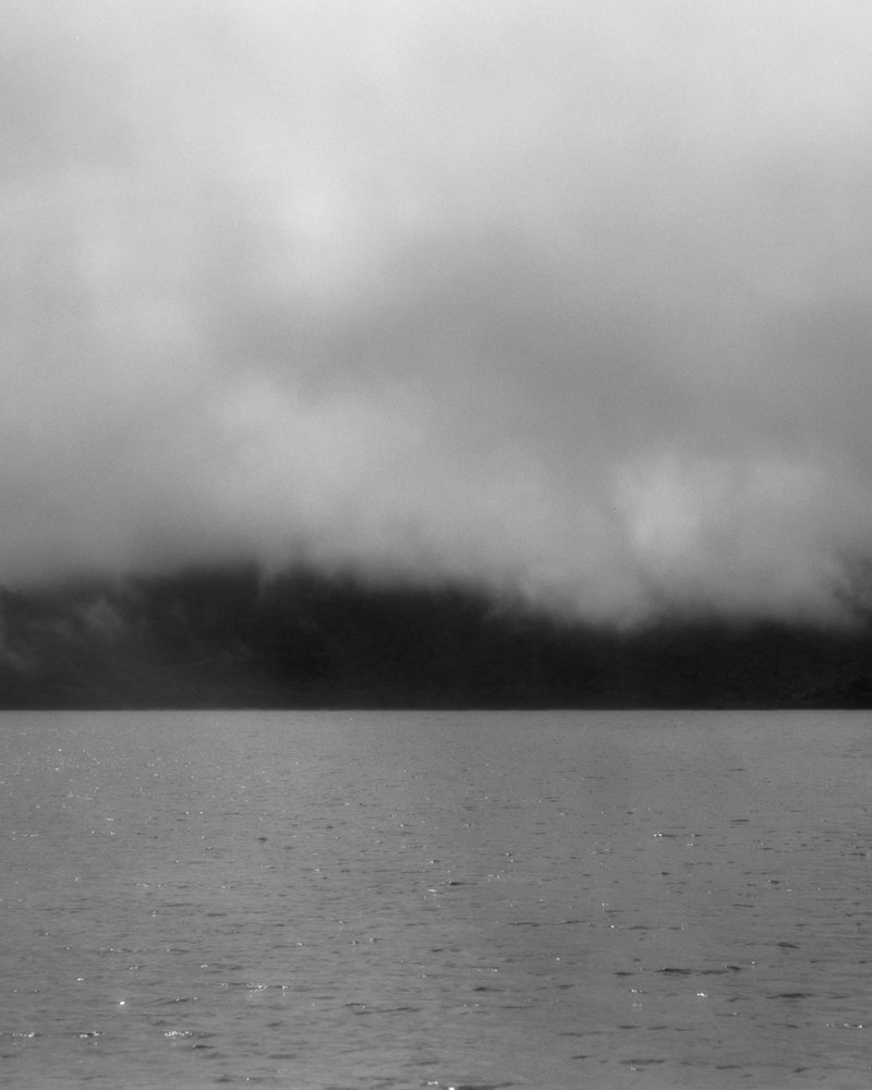 Low cloud drifting over a dark treeline and still water